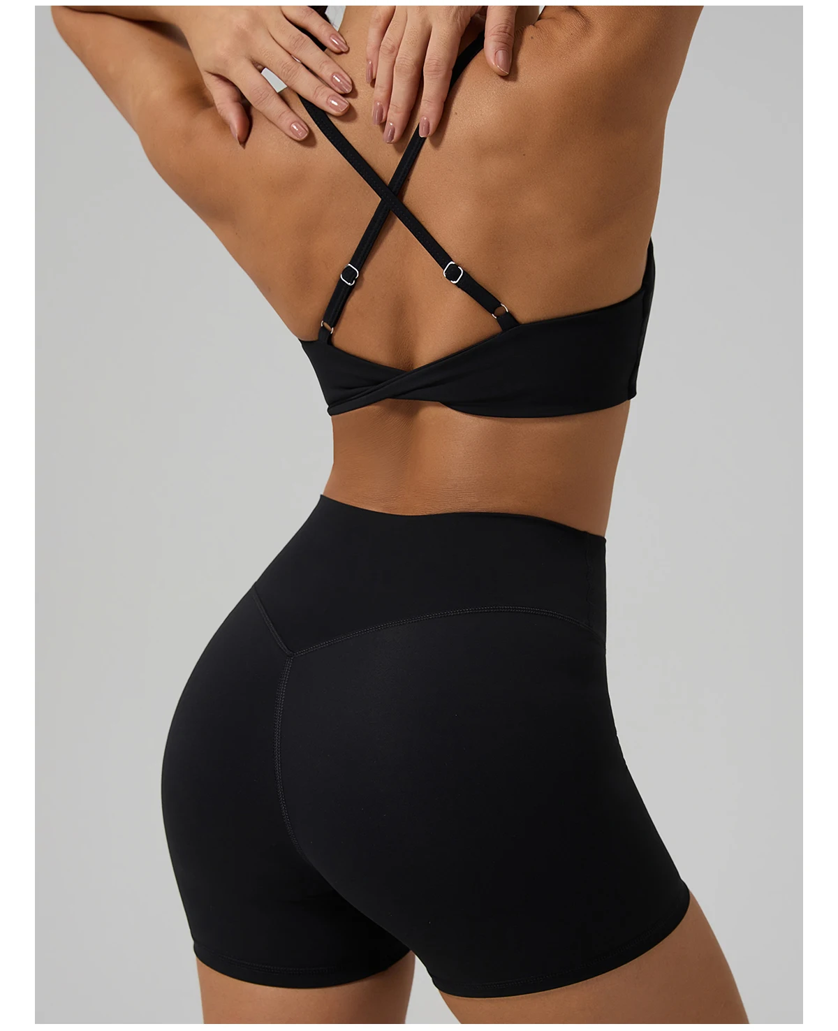 Hearuisavy Fitness-Set 2-teilig Damen Sport-BH mit Überkreuz-Rücken Yoga-BH Atmungsaktiv Schnelltrocknend Hochgeschnittene Enge Workout-Shorts – Detail 14