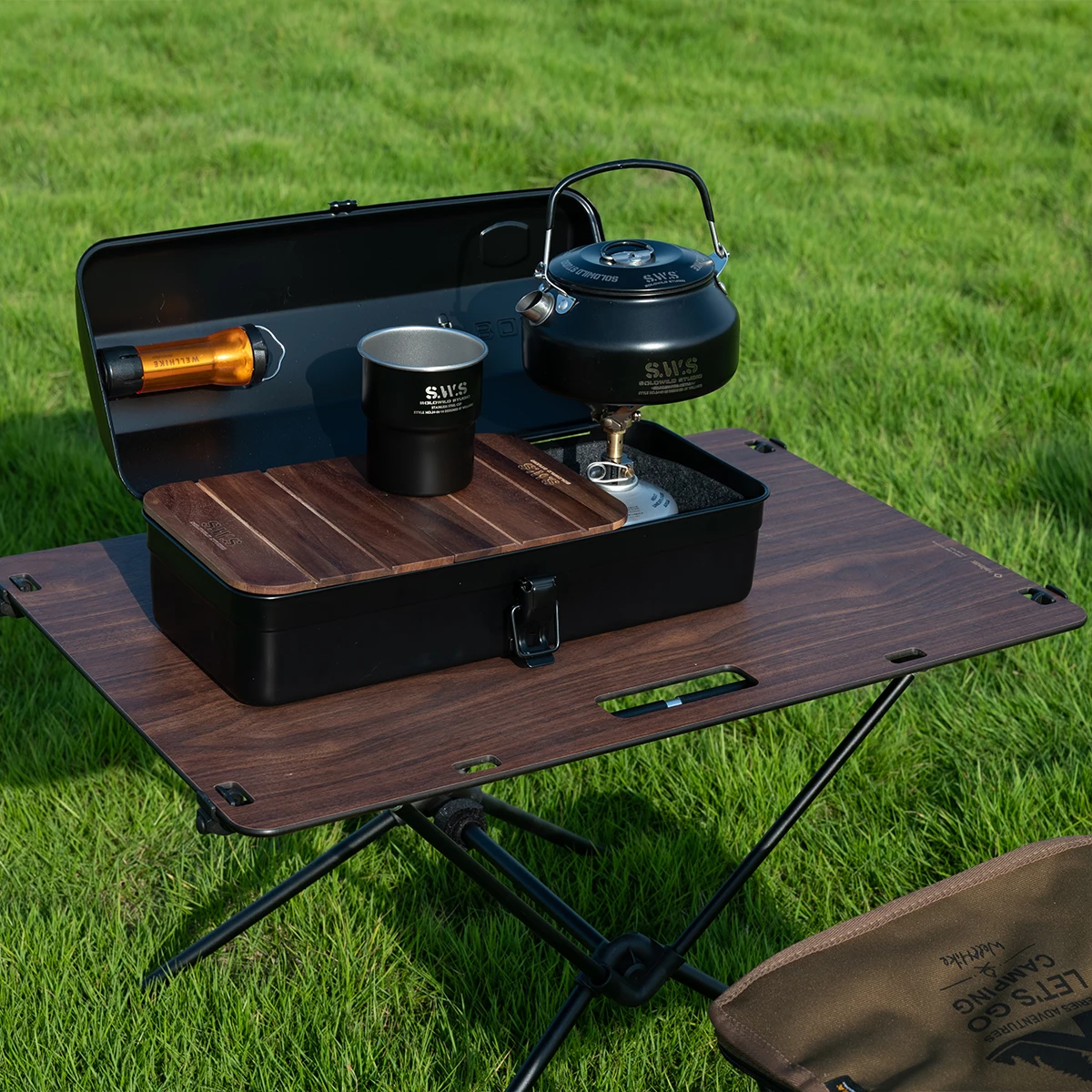 SWS Toolbox Set Coffee Tea Cooker Suitcase Outdoor Metal Camping und Nail Storage Box Wooden Board Table