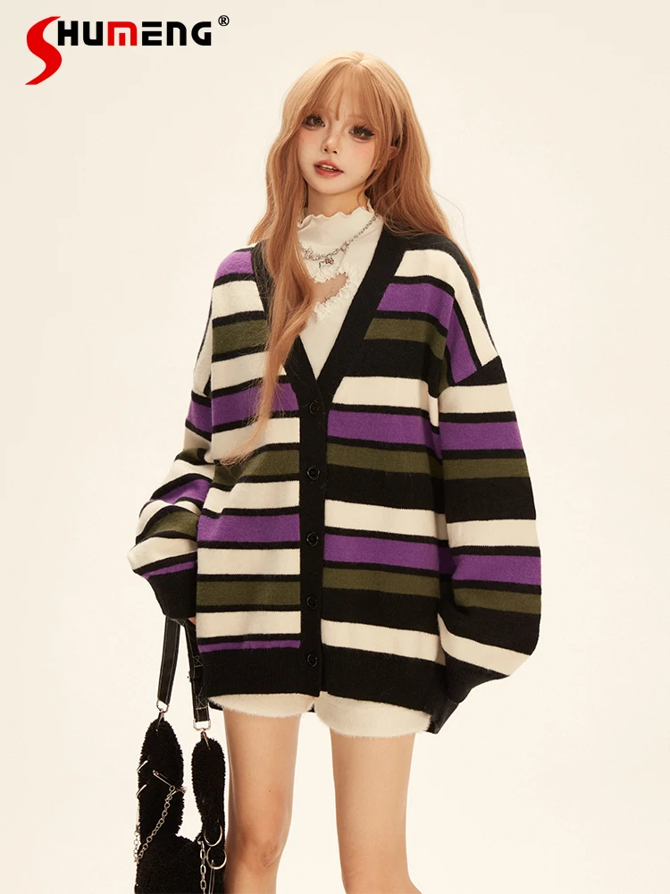 

American Retro Fashion Preppy Style V-neck Long Sleeve Single-breasted Stripe Loose Casual Knitted Sweater Cardigan Women Winter