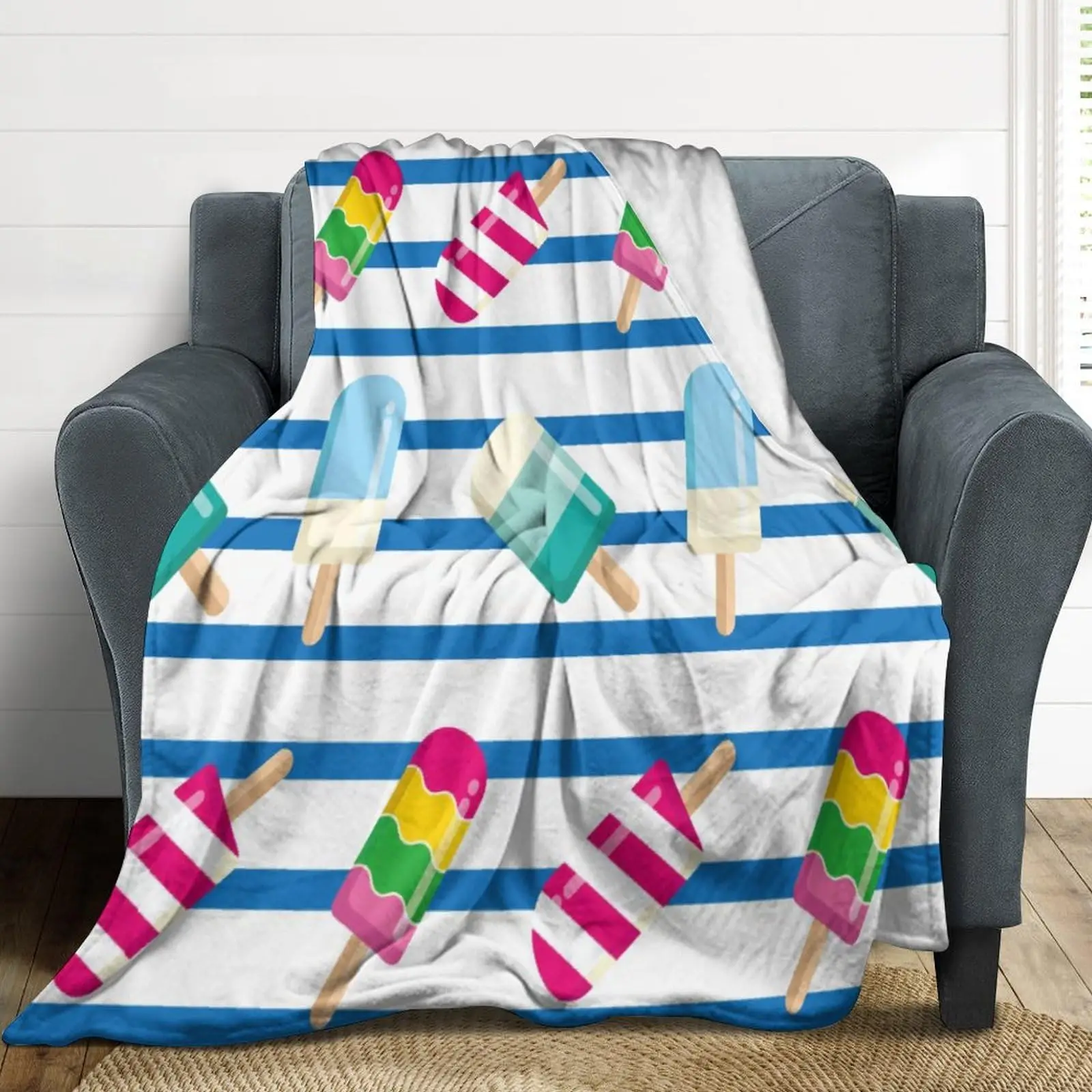 Cartoon Popsicle Throw Blanket for Couch Sofa Bed - Super Soft Lightweight Comfy Fuzzy Throw Blanket, Warm Plush Flannel Blanket