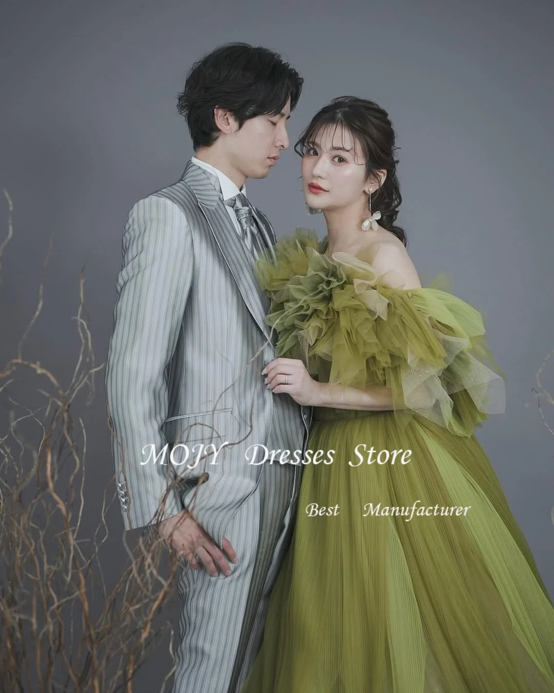 Mojy Elegant Off Shoulder Green Evening Dresses Korea Photo shoot A Line Garden Wedding Gowns Korea Customized ウェディングドレ