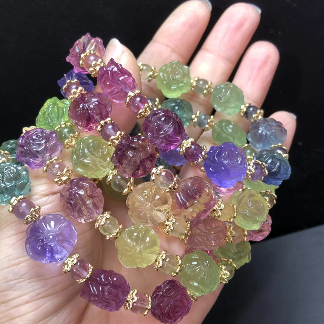 

1 Pc Colorful Rainbow Fluorite Flower Bracelet 13MM Flower Beads Reiki Healing Stone Jewelry Gift For Women