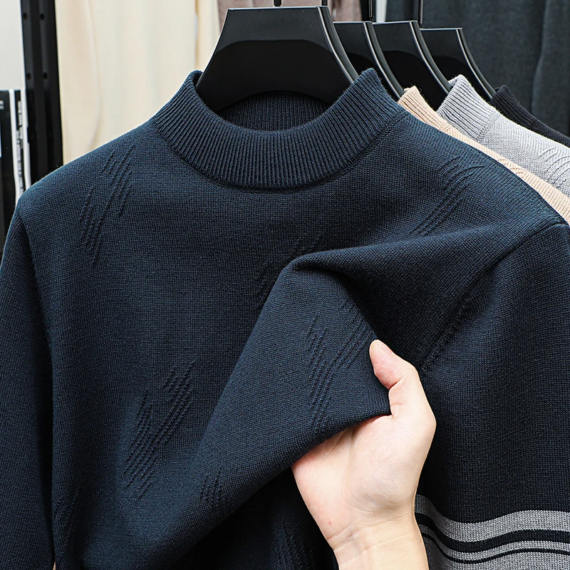 

Designer Quality Men's O-Neck Knitted Sweater Soft Elastic Comfort Thick Striped Jacquard Pullover Winter Warm Interior Menswear