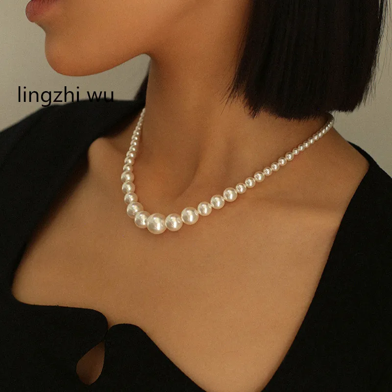 Lingzhi-Wu-women's natural pearls necklace, 5-10mm, gradient size, neck chain, shining, French vintage, female