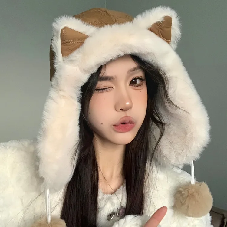 4 Colors Winter Women's Fox Ears Plush Hat Kawaii Thickened Plus Velvet Warm Outdoor Windproof Fur Ball Ear Protection Hat