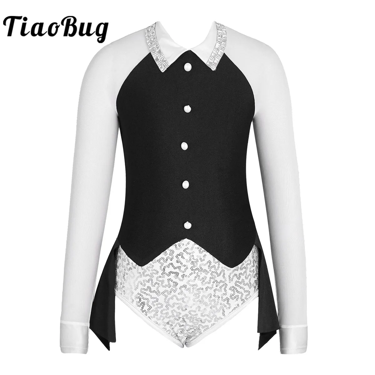 Sequin Long Sleeve Gymnastics Ballet Dance Leotard Bodysuit Jumpsuit Turndown Collar Button Hollow Back Skating Dance Wear