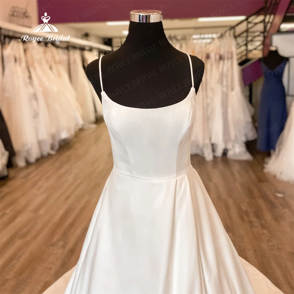 Vestido de casamento cetim com colarinho quadrado para mulheres, linha A simples, pulseira de espaguete, trem da corte, vestido de noiva