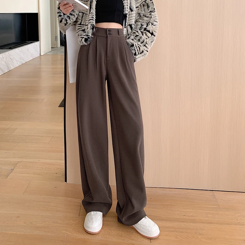 Thick Autumn Winter Woolen Straight Leg Pants Two Buttons Fashion High Waist Wide Leg Pocket Trousers 2025 New Trendy