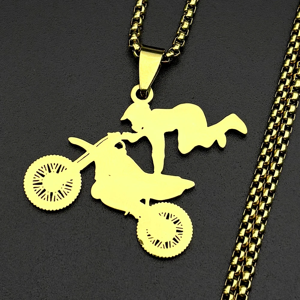 Motocross Rider Pendant Necklace For Women Men Stainless Steel Gold Color Dirt Bike Extreme Sports Theme Chain Jewelry Gifts
