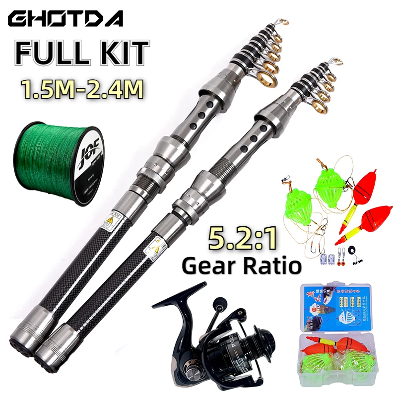 Carbon Fiber Spinning Sea Fishing Rod and Reel Full Kits 1.5-2.4m Telescopic Carp Feeder Pole 5.2:1 Metal Spool with Braid Line