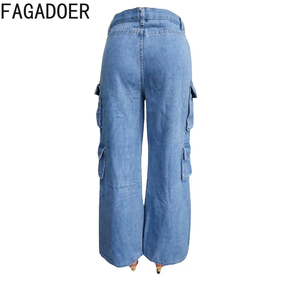 FAGADOER Vintage Blue Fashion Pocket Denim Cargo Pants Women High Waisted Button Straight Trousers Autumn Casual Jean Bottoms