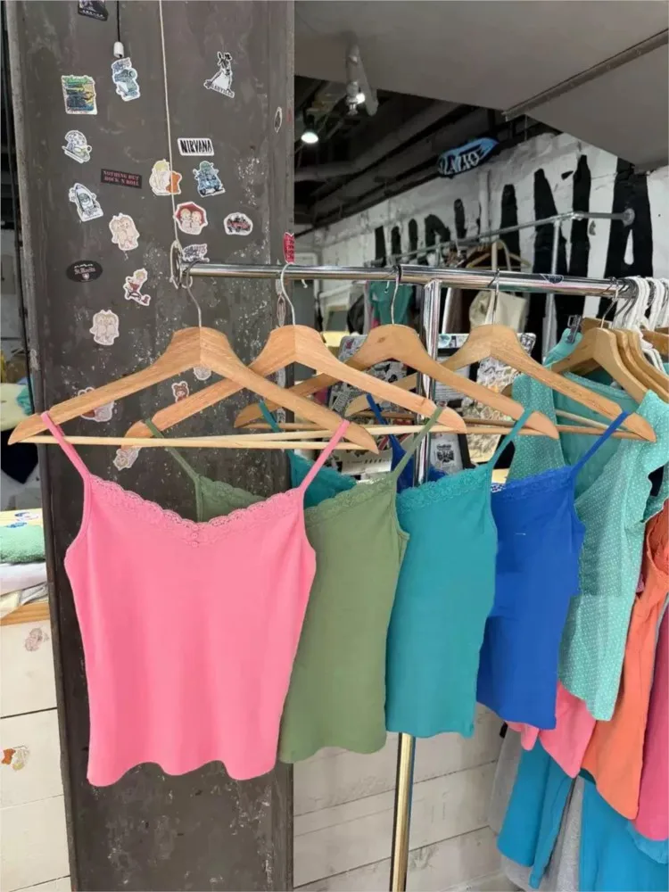 Lace Trim Three Button Camisole Women Summer New Simple All-match Solid Sleeveless Vests Female Vintage Sweet Cute Tank Tops Y2K