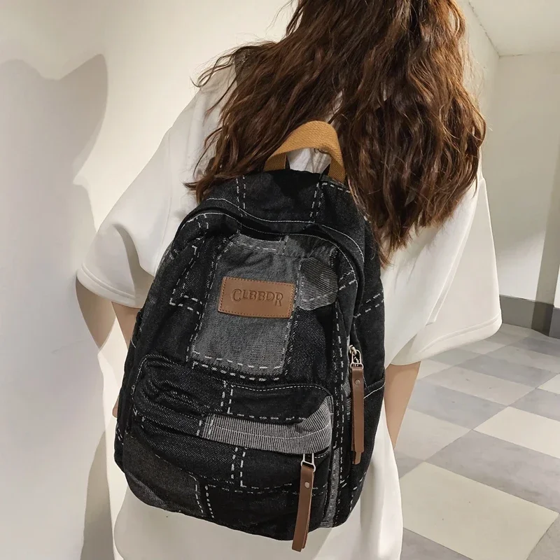 Trendy Cool Patch Women Backpack Washed Denim College Backpacks Men Female Laptop School Bags Large Capacity Travel Shoulder Bag