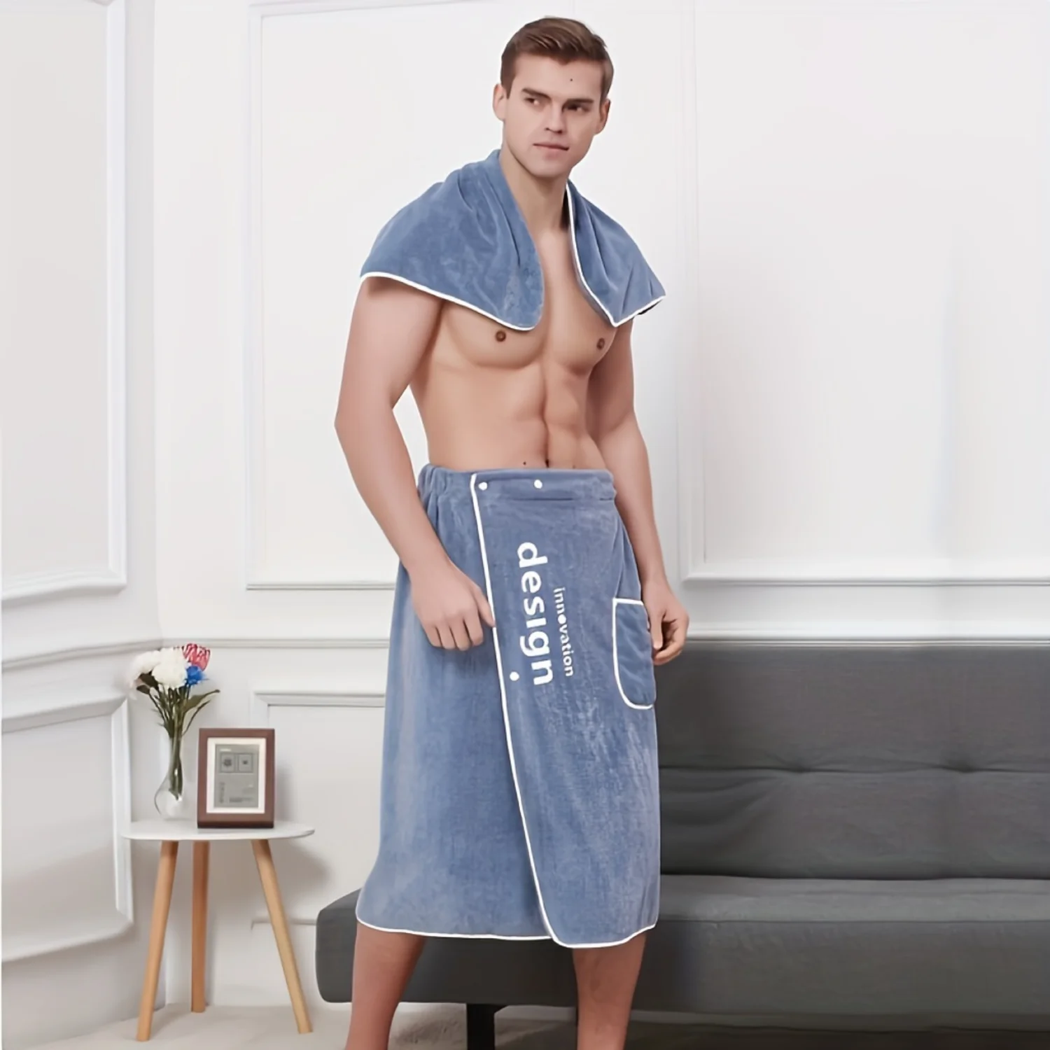 2pcs Men's Shower Wrap Robe Set - Ultra-Absorbent, Non-fuzzing, Button Fastened, Comfortable Bath Towel Wrap - Premium Collectio