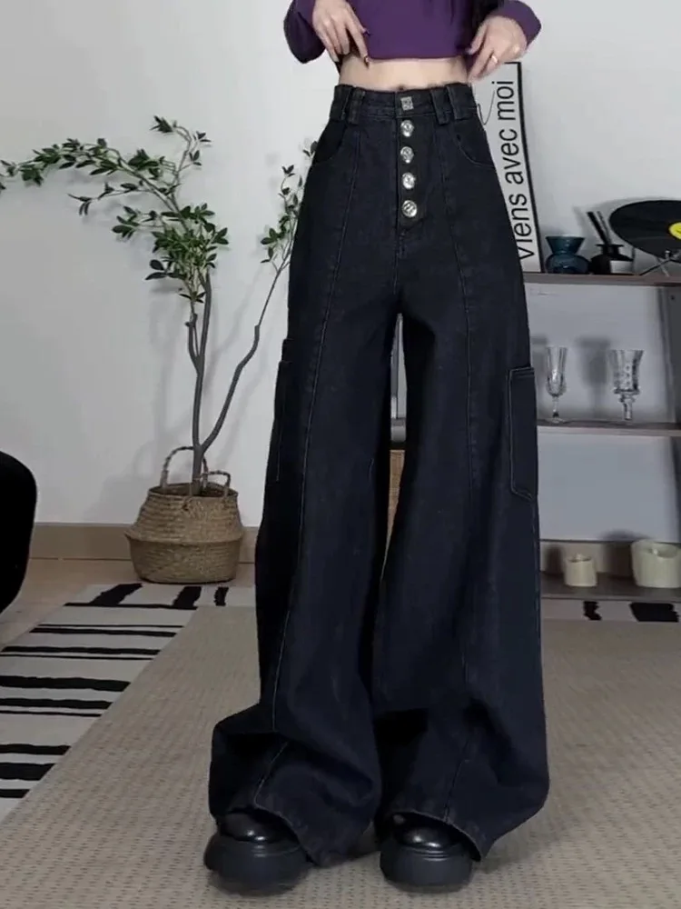 

Y2K Hot Girl Jeans Women High Waisted Breasted Wide Leg Loose Floor Straight Leg Pants Autumn New Millennium Style