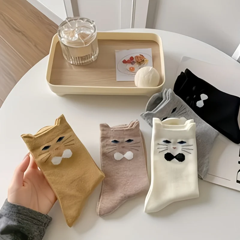 5 Pairs Cartoon Ear Kitten, Fashionable Cute Animal Cat Mid-Tube Socks
