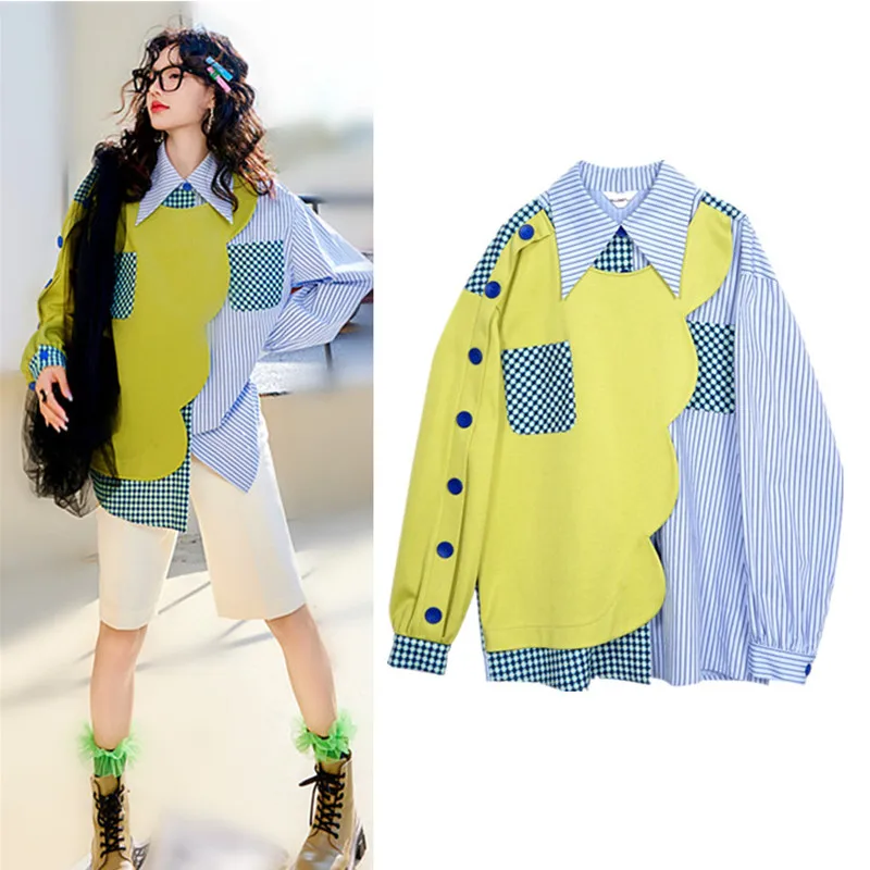 

New Women Designer Spring Long Shirts Spring Stripped Print Patchwork Spliced Oversized Ladies Street Party Blouses NZ220