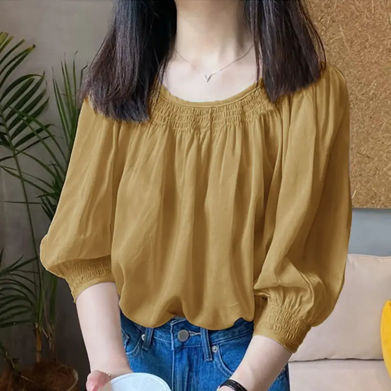 Ice Silk Round Neck Simple Solid Short Sleeved Chiffon Shirt for Women\'s Summer Large Loose Slimming Fashion T-shirt Casual Top