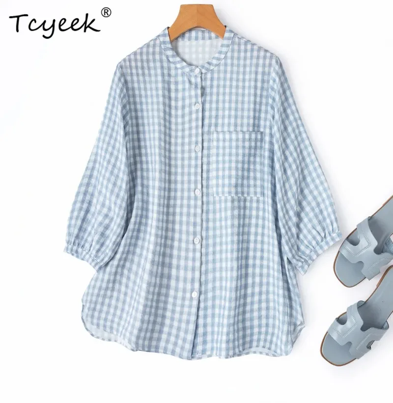 

Tcyeek 76% шелковая летняя рубашка из тутового шелкопряда для женщин, элегантные женские топы свободного кроя, сине-белая клетка, 2026