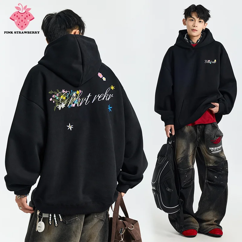

American Floral Print Plush Hoodies Men Autumn Winter 2025 New Oversize long sleeves Pullover Sweatshirt Y2K Tops Mens clothing