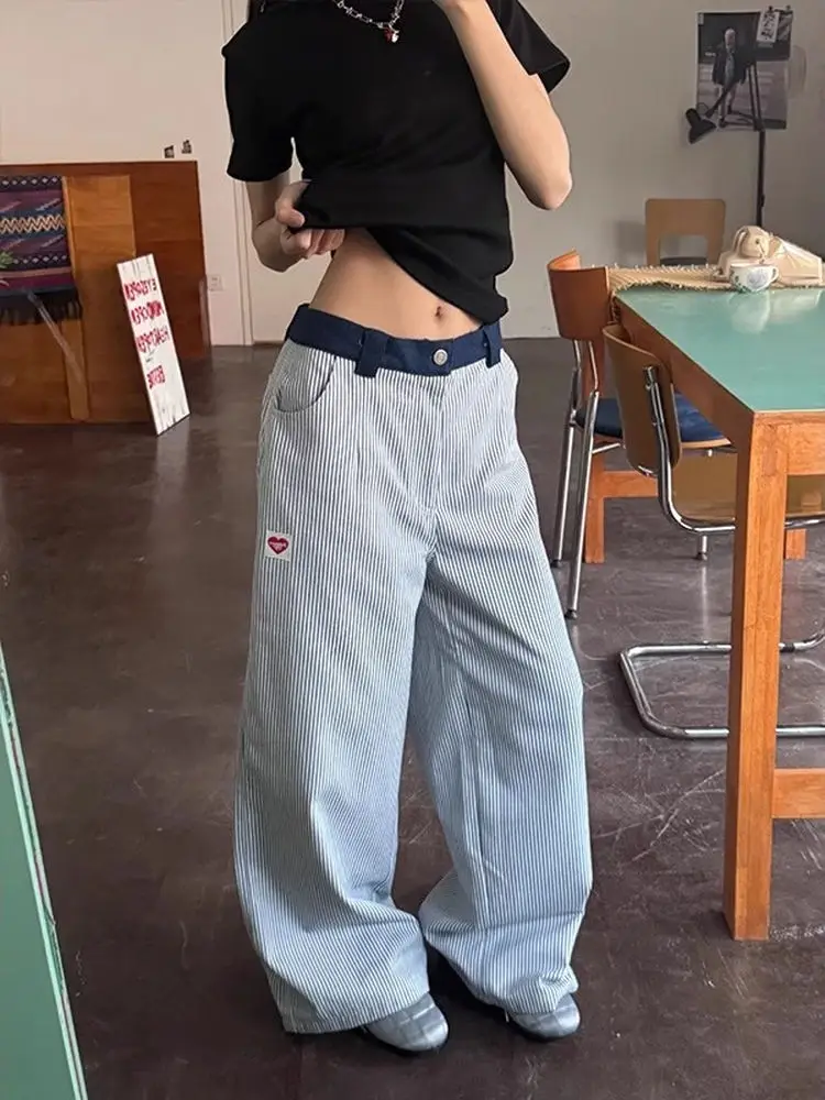 Pantaloni casual a righe verticali blu Uomo Donna Estate Ricamo sottile Gamba larga Coppia Coltello Pantaloni lunghi casual dritti