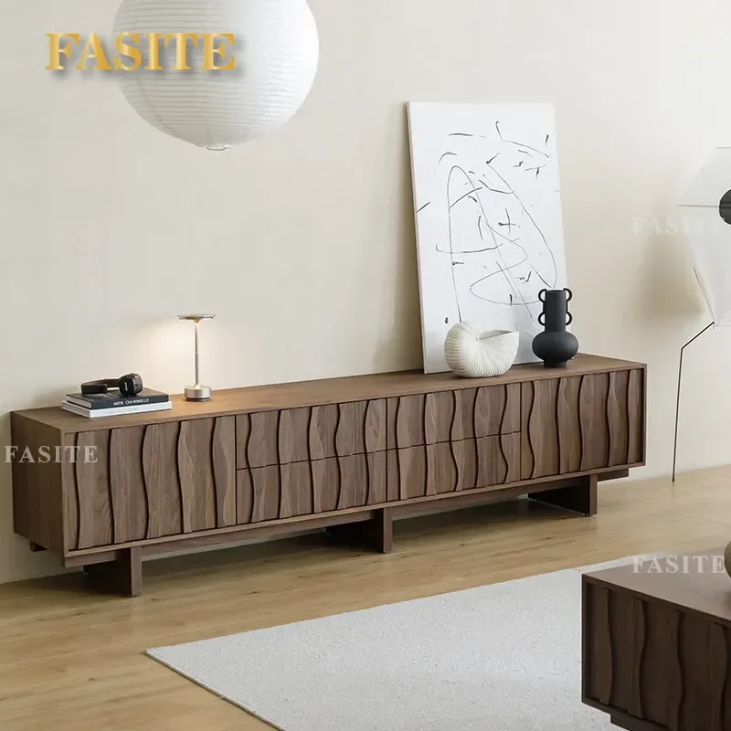 Nordic Japanese Style Black Walnut TV Cabinet Solid Wood Floor to Ceiling Storage Unit Modern Simple Low Console for Living