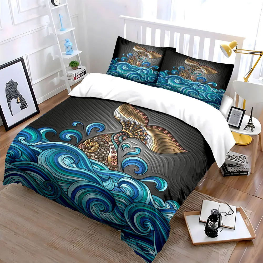 Ocean Waves and Whale Tail Set Bedding Set with 1 Duvet Cover 2 Pillowcases Single Double King Queen, Gift