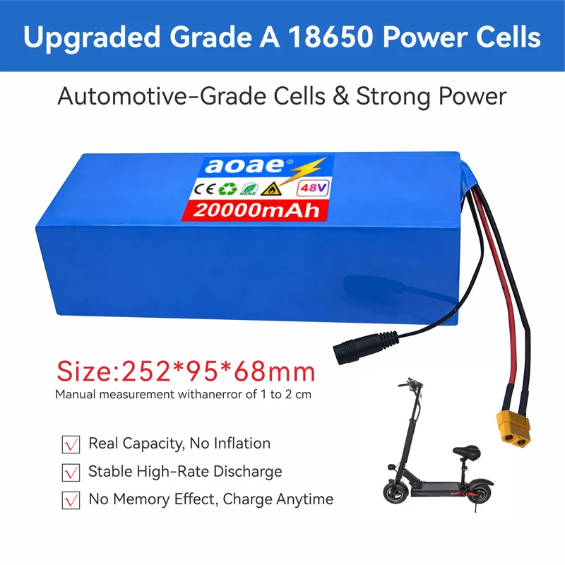 48V Lithium Battery Pack 20Ah 18650 A-Grade Cells 13S5P 1000W-2000W Built-in BMS XT60 DC JST Long Lasting for Electric Scooter