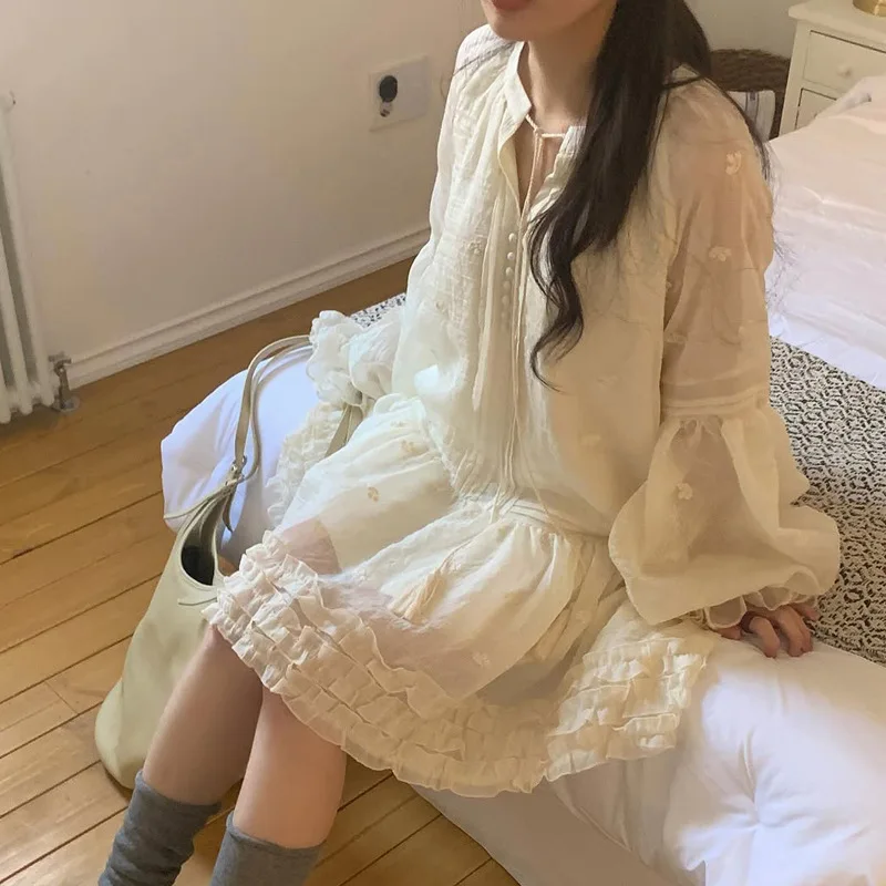 

2026 Summer New Loose Long-sleeved Embroidered Fungus Edge Tie-neck Shirt Skirt Summer