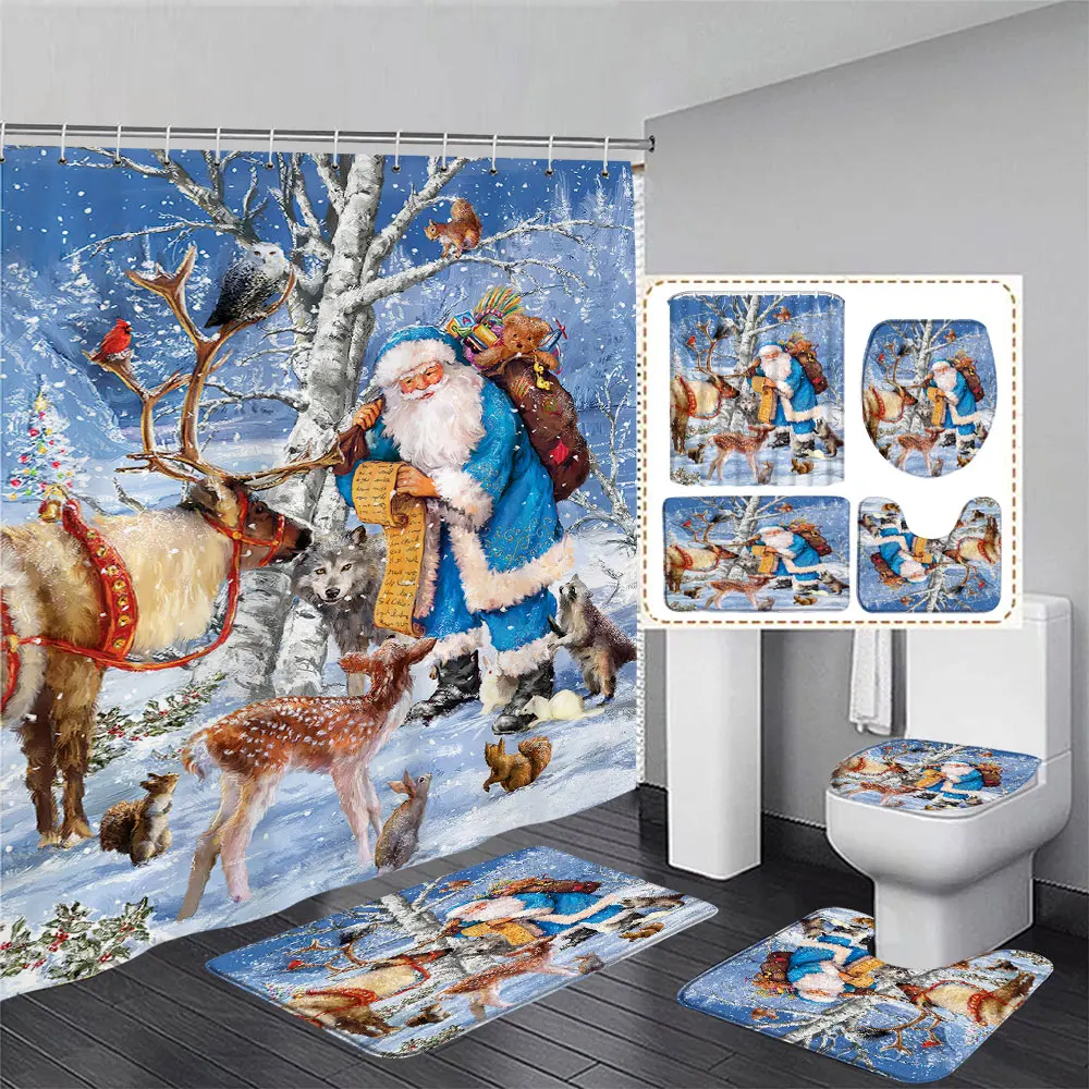 Christmas Gifts Bathroom Shower Curtain Rug Set Father Christmas Snowman Happy New Year Polyester Shower Curtains Bathroom Decor