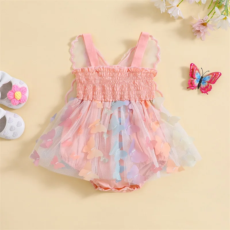 Infant Girl Rompers Dress Butterfly Decor Sleeveless Layered Tulle Tutu Skirt Hem Cami Jumpsuits Newborn Baby Party Clothes