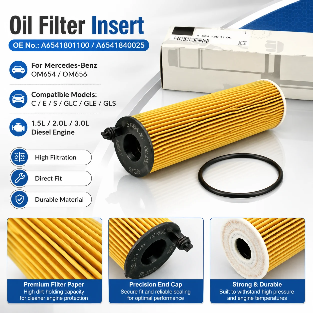 Oil Filter Insert A6541801100 A6541840025 for Mercedes-Benz OM654 OM656 C E S GLC GLE GLS 1.5L 2.0L 3.0L Diesel Engine