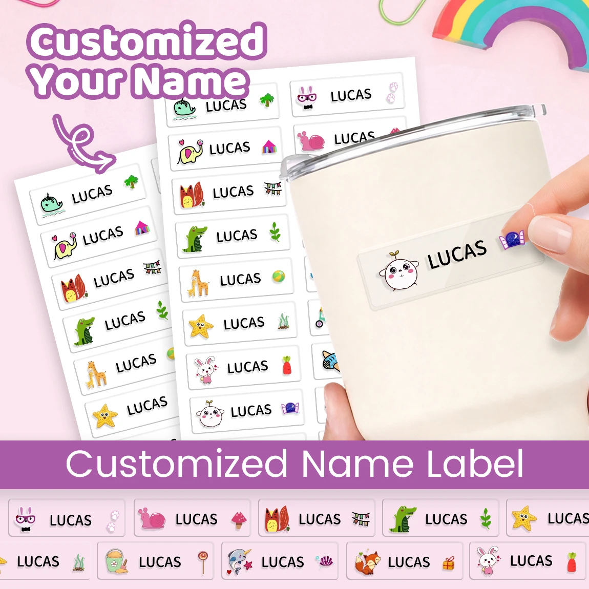 Custom Name Labels Waterproof Stickers Multi Design Labels for Bottles Lunch Box Office Supplies