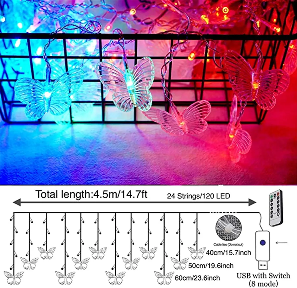 USB/Battery Powered LED Curtain Butterfly Flashing Lights Party Indoor Fairy String Lights Garden Wall Wedding Christmas Decorat