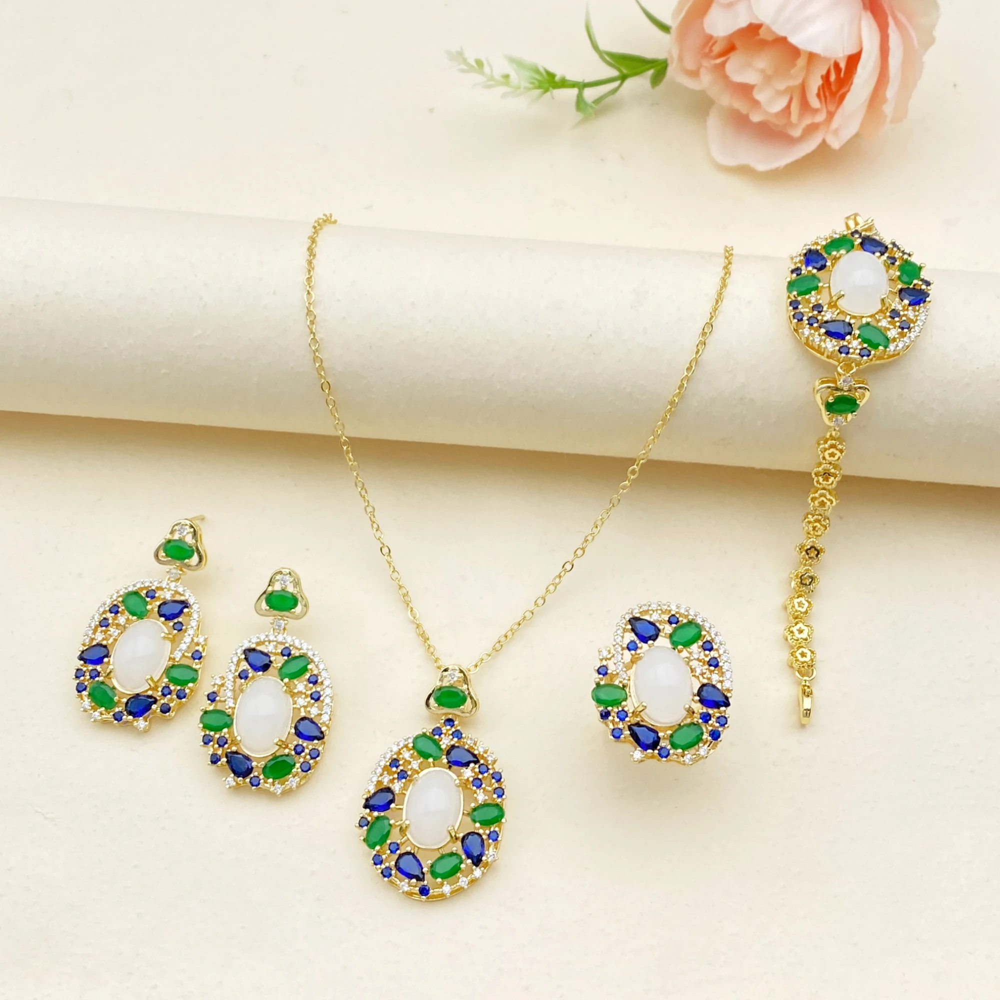 

Flora Daily Gold Plated Copper Zircon Jewelry Set Elegant Minimalist Bracelet Ring Necklace Earrings Accessory Collection