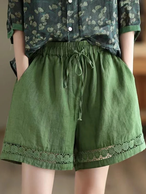 

Широкие брюки в стиле ретро, женские летние тонкие эластичные брюки с завязками на талии, полые кружевные повседневные хлопковые и льняные прямые брюки