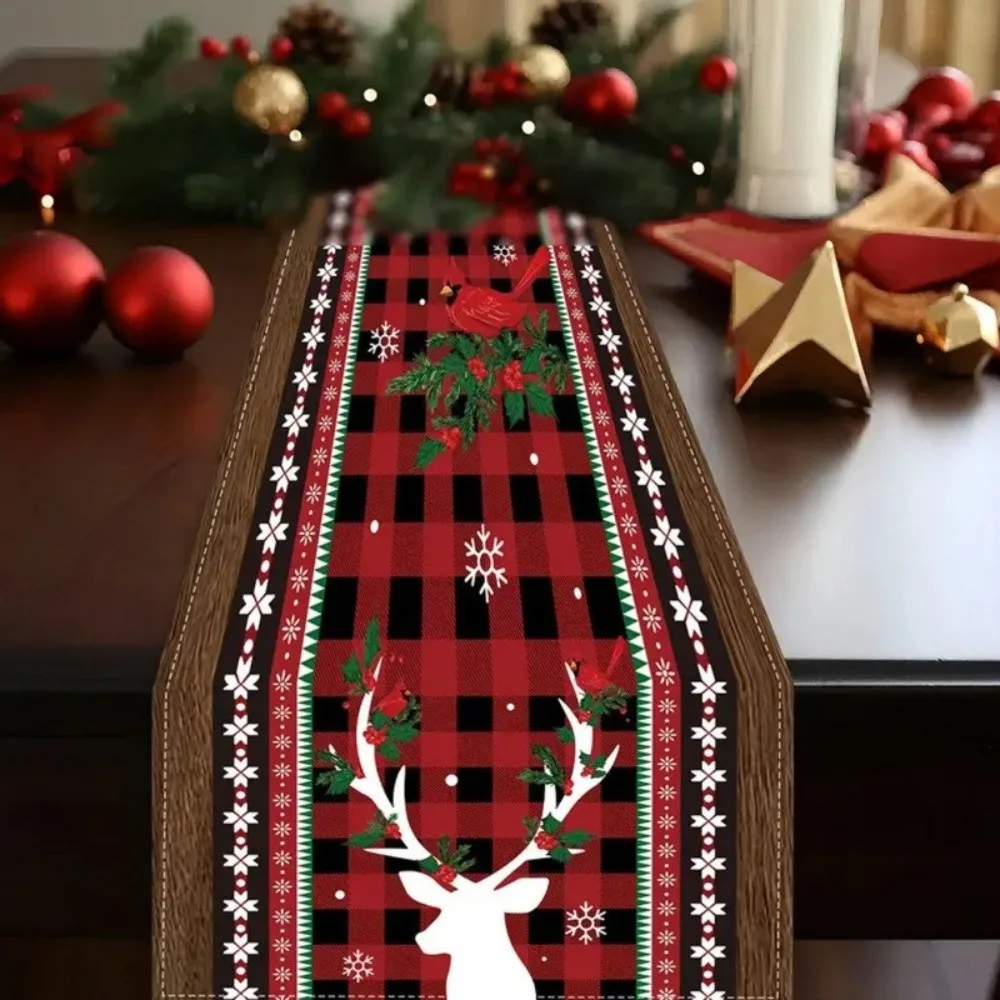 Poinsettia Flower Pattern Christmas Table Runner Linen Material Long Length Holiday Linen Runner Rectangular Shape
