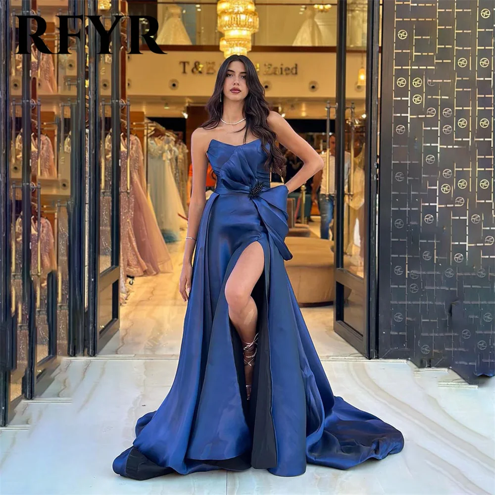 

RFYR Dark Royal Blue Prom Dresses Sleeveless Side Split A Line Evening Dress Pleat Beading فساتين السهرة Sweep Train Party Dress