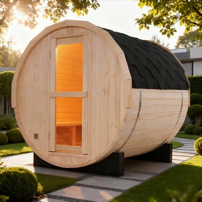 Natural Pine Wood 4 Persons Spacious Home Barrel Sauna Room with Heaters