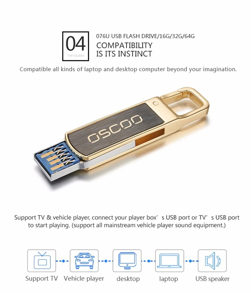 OSCOO Metal USB Flash Drive USB3.0 GOLD 64GB 32GB Flash Memory Stick Pen drive USB Stick Waterproof Metal Memoria Cel USB