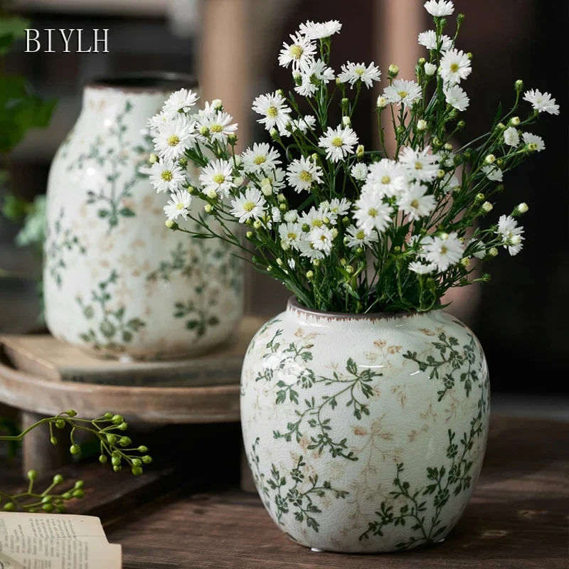 New Ceramic Vase Pastoral Style Green Flowers Ice Cracked Ceramic Vase Home Decoration Living Room Porch Hydroponic Plant Vase