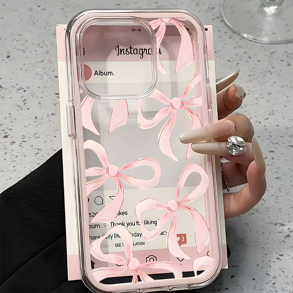 Elegant Pink Bow Pattern 2in1 Clear Case For Samsung Galaxy S26 Ultra S25 S23 FE S24 S22 Plus A37 A57 A55 A54 A36 A35 A16 Cover