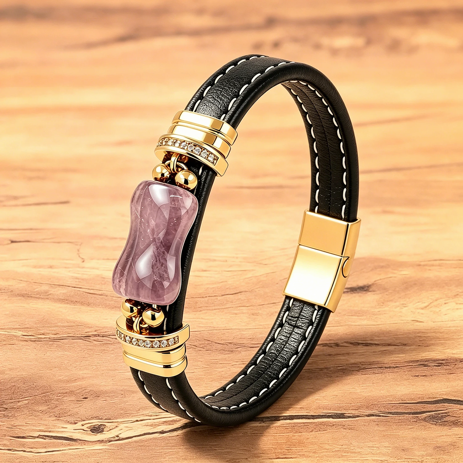 Men's Tiger Eye Stone Leather Bracelet – Black Leather Rope, Stainless Steel Clasp, CZ Accent Fashion Jewelry Gift for Him