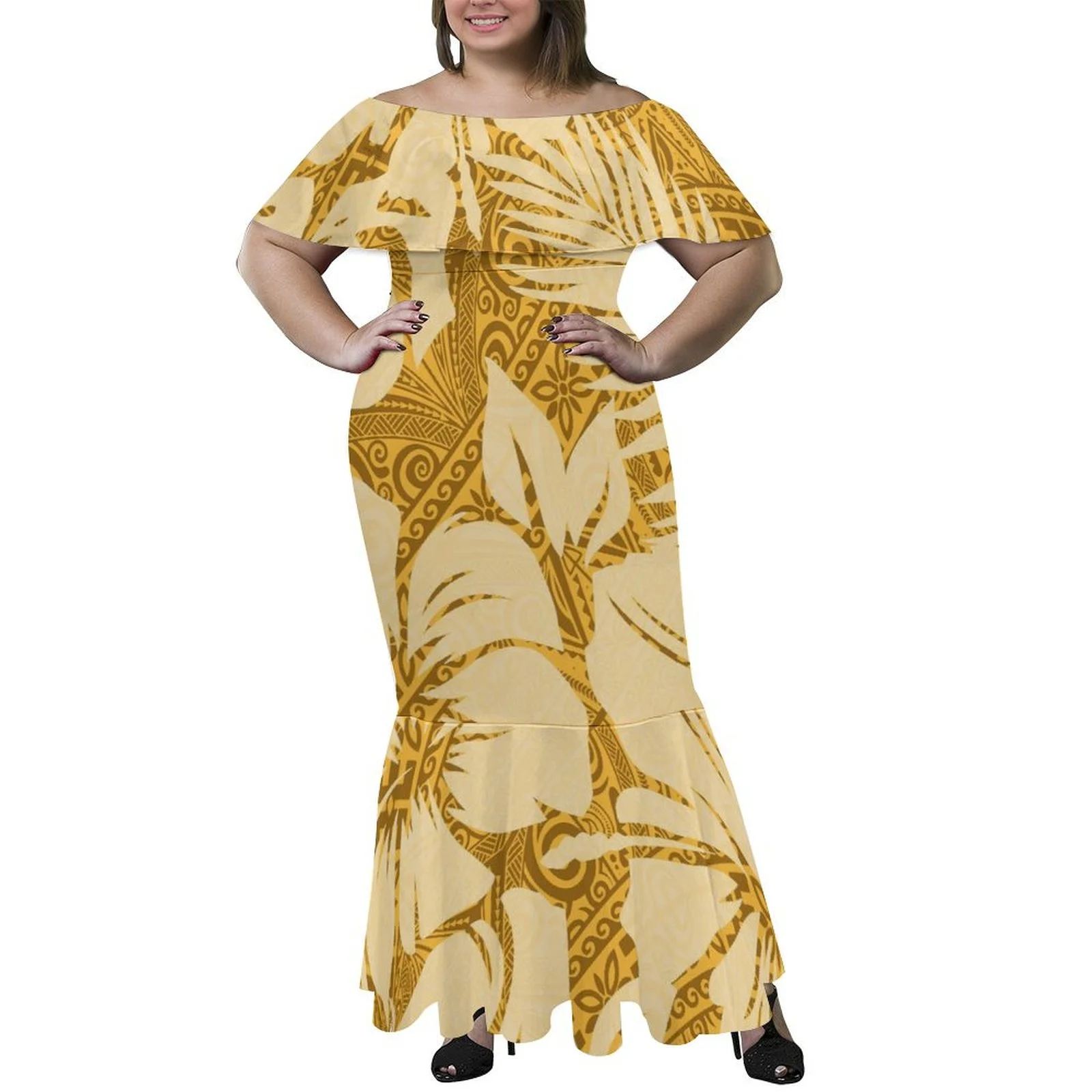 

Tax Included Brand New Samoan Design Women Fishtail Dress Custom Polynesian Top Quality Off Shoulder Split Mermaid Dress