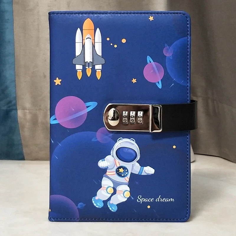 A5 Astronaut Line Grid Diary with Code Lock Blockade Notepad Password Book Cute Thick Journals Notebooks School School Supplies