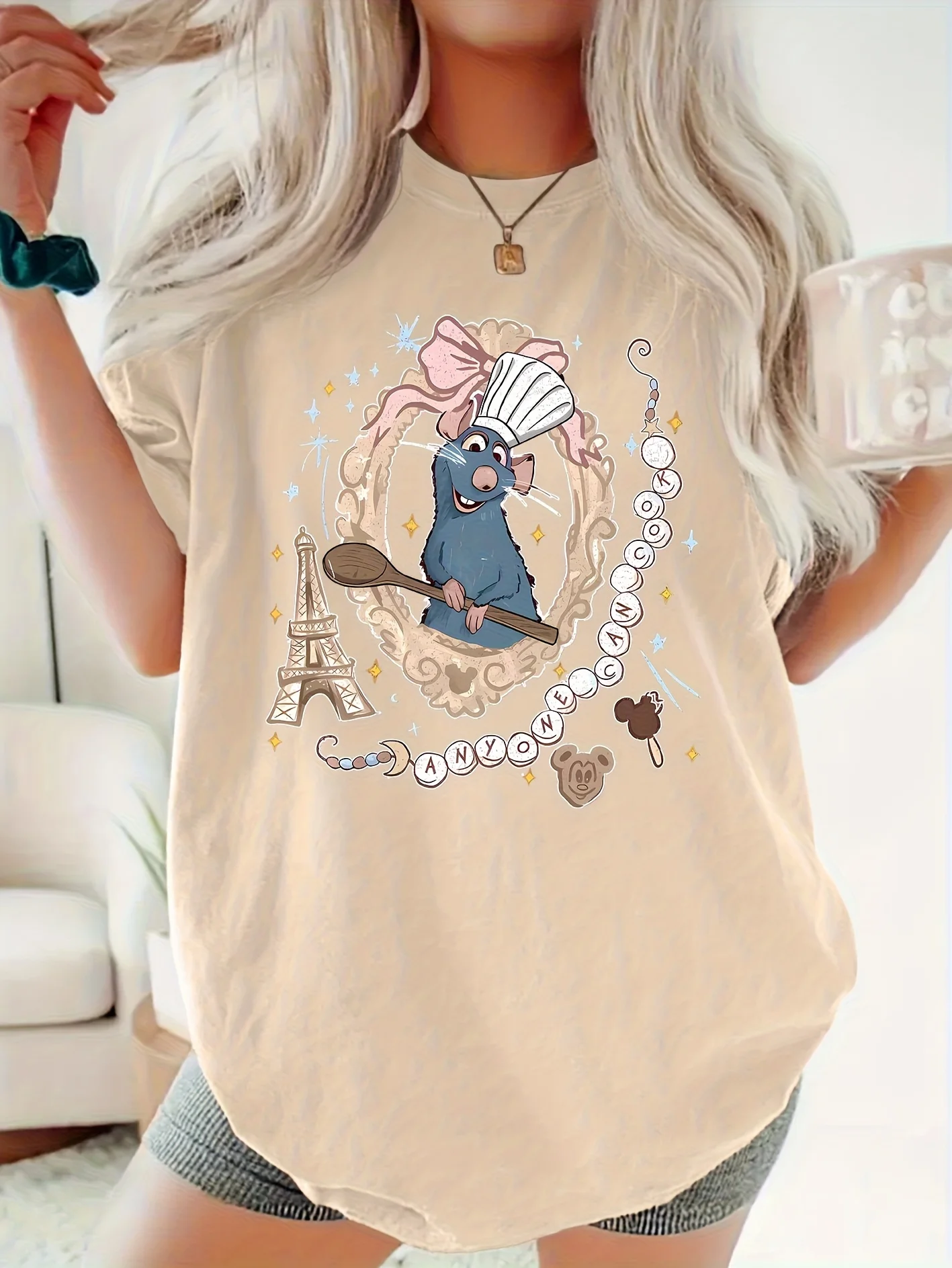 

Disney Ratatouille Remy Chef Hat Эйфелева башня футболка винтажные женские и мужские хлопковые футболки с круглым вырезом повседневные модные оверсайз с коротким рукавом