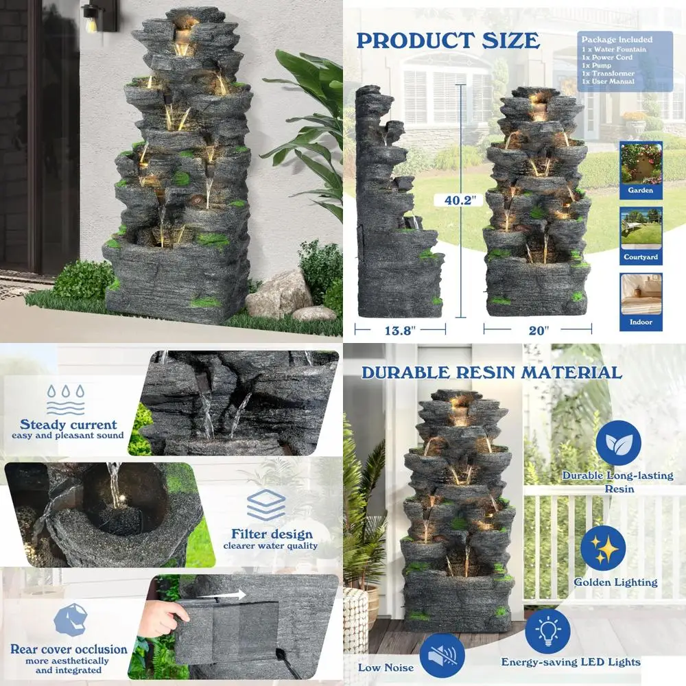 

40-дюймовый 10-ярусный каскадный фонтан для воды со светодиодной подсветкой - уличный и внутренний фонтан из смолы для патио
