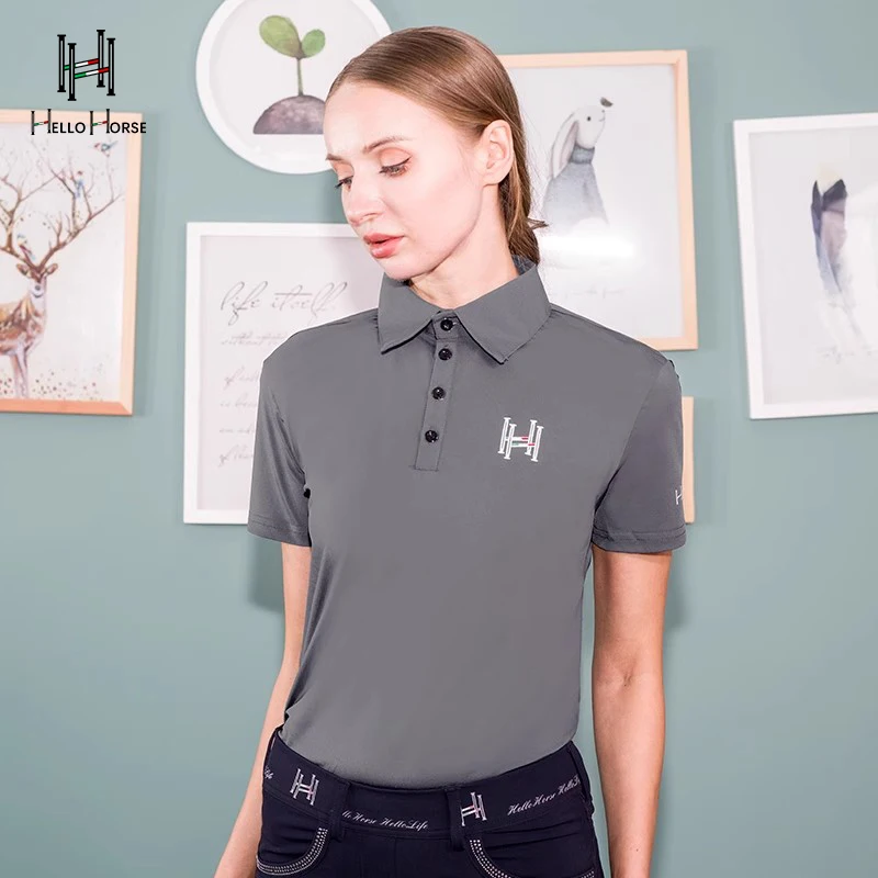 Hello Horse Kaus Polo Pelindung Matahari Lengan Pendek Olahraga Berkuda Kaus Berkuda Penyerap Kelembapan dan Cepat Kering Pakaian Berkuda Musim Panas Atasan Peralatan Ksatria