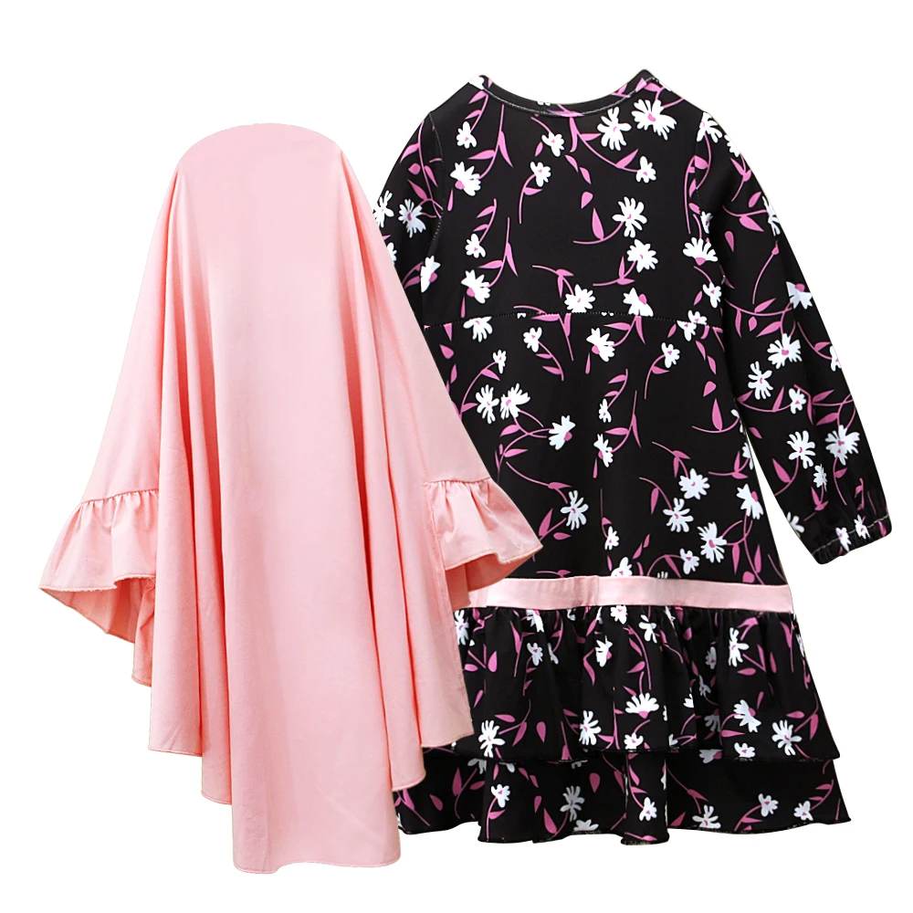 Muslim Girls Spring and Autumn Long Sleeve Round Neck Dress + Headscarf Two-piece Children\'s Clothing