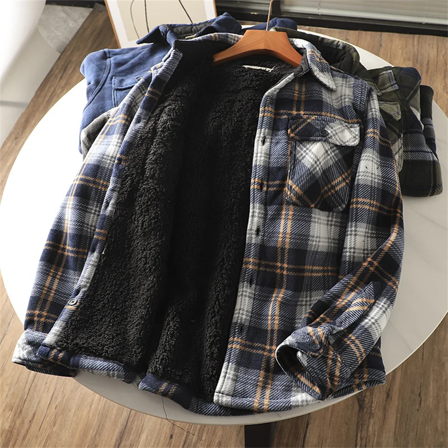 Autumn Winter Men's Fleece Lining Warm Shirt Jackets Plaid Thick Long Sleeve Flock Shirts Retro Casual Men Shirts Fashion Coats